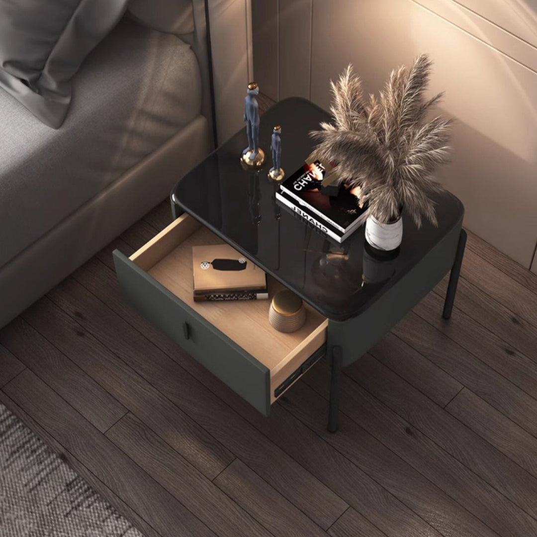 Contemporary Luxury Rectangular Tempered Glass Top Faux Leather Veneered MDF Frame Nightstand 1-Drawer For Bedroom