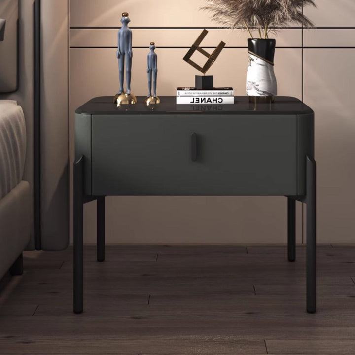 Contemporary Luxury Rectangular Tempered Glass Top Faux Leather Veneered MDF Frame Nightstand 1-Drawer For Bedroom