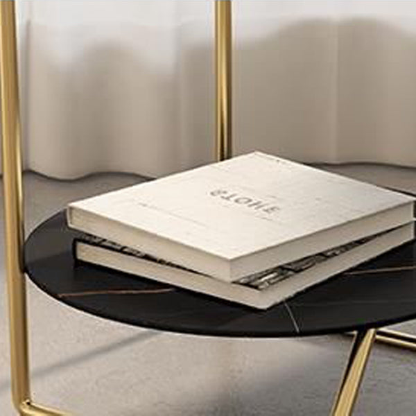 Contemporary Luxury Sintered Stone Round Top Metal Side Table 2-Tier For Living Room