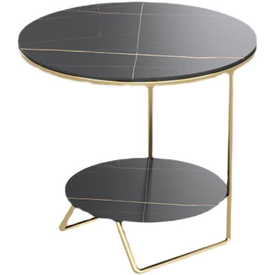 Contemporary Luxury Sintered Stone Round Top Metal Side Table 2-Tier For Living Room