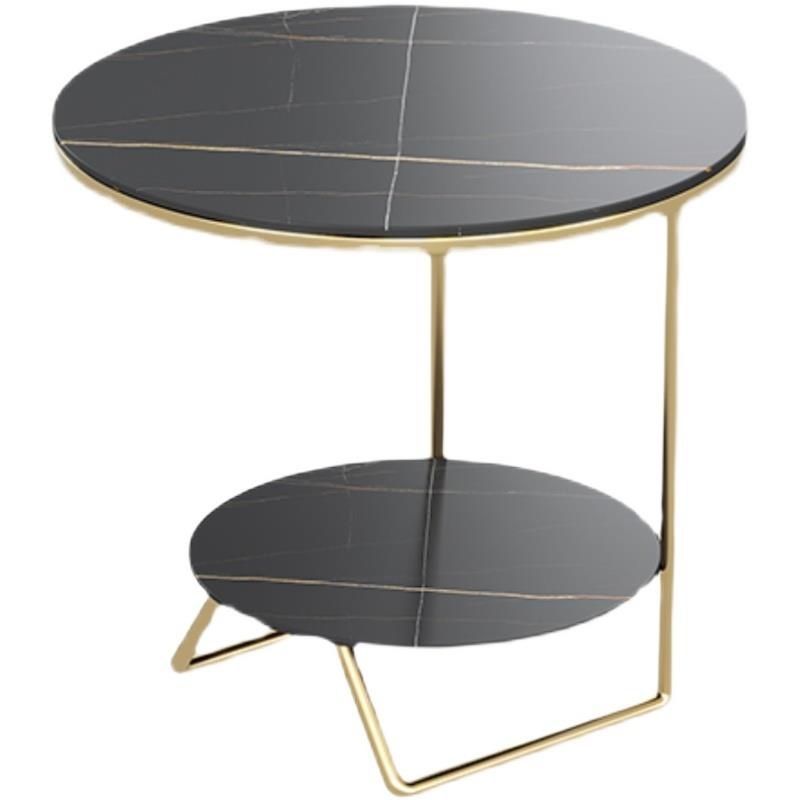 Contemporary Luxury Sintered Stone Round Top Metal Side Table 2-Tier For Living Room