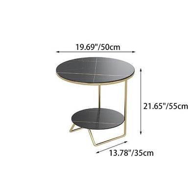 Contemporary Luxury Sintered Stone Round Top Metal Side Table 2-Tier For Living Room