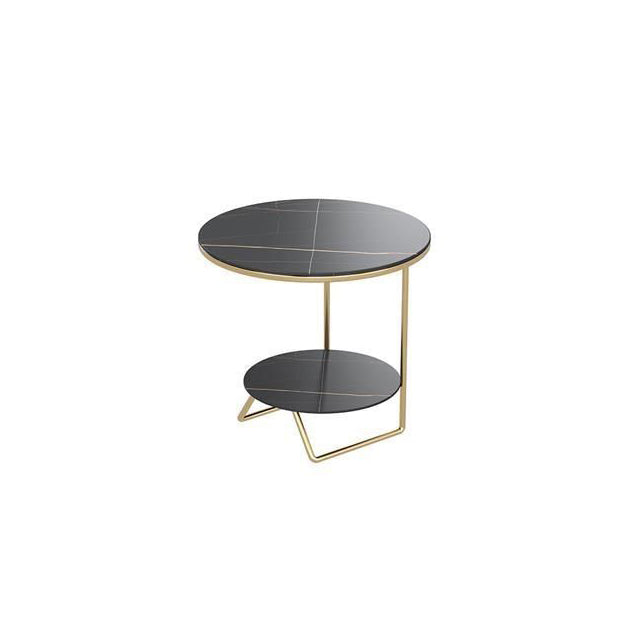 Contemporary Luxury Sintered Stone Round Top Metal Side Table 2-Tier For Living Room