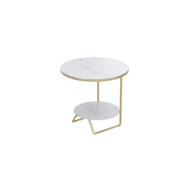 Contemporary Luxury Sintered Stone Round Top Metal Side Table 2-Tier For Living Room