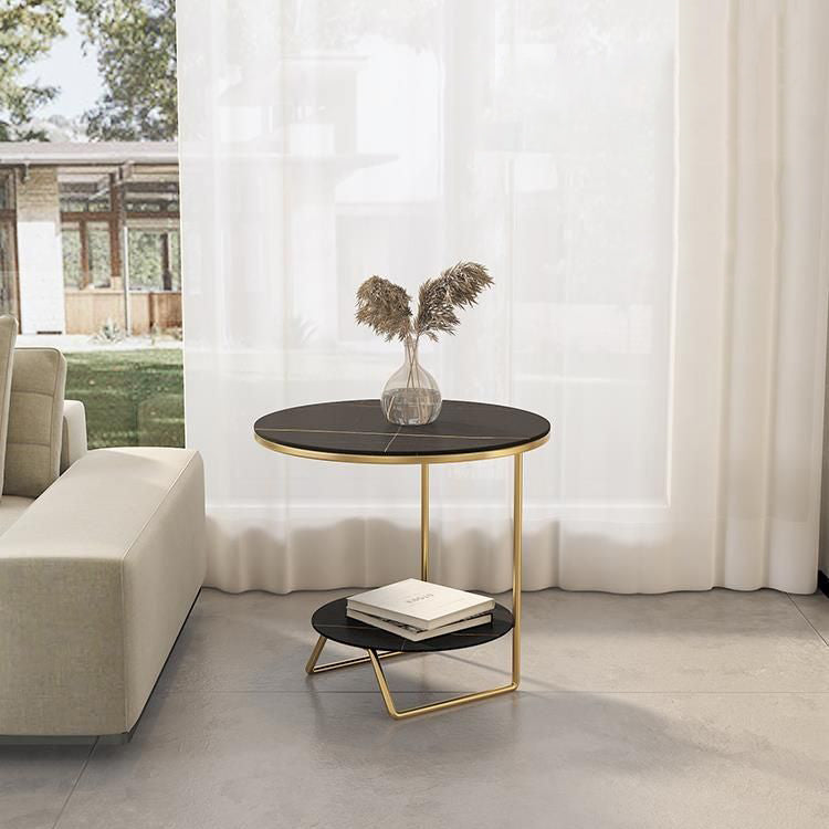 Contemporary Luxury Sintered Stone Round Top Metal Side Table 2-Tier For Living Room