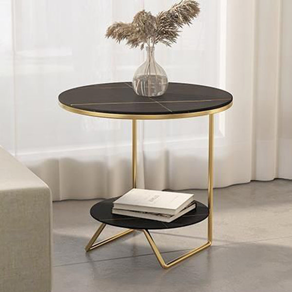Contemporary Luxury Sintered Stone Round Top Metal Side Table 2-Tier For Living Room