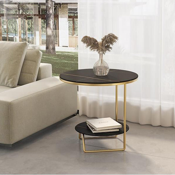 Contemporary Luxury Sintered Stone Round Top Metal Side Table 2-Tier For Living Room