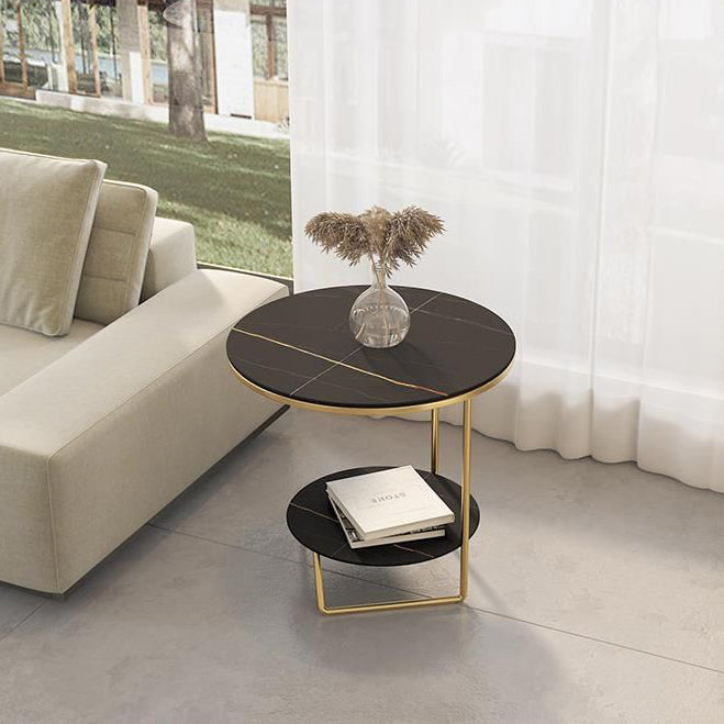 Contemporary Luxury Sintered Stone Round Top Metal Side Table 2-Tier For Living Room