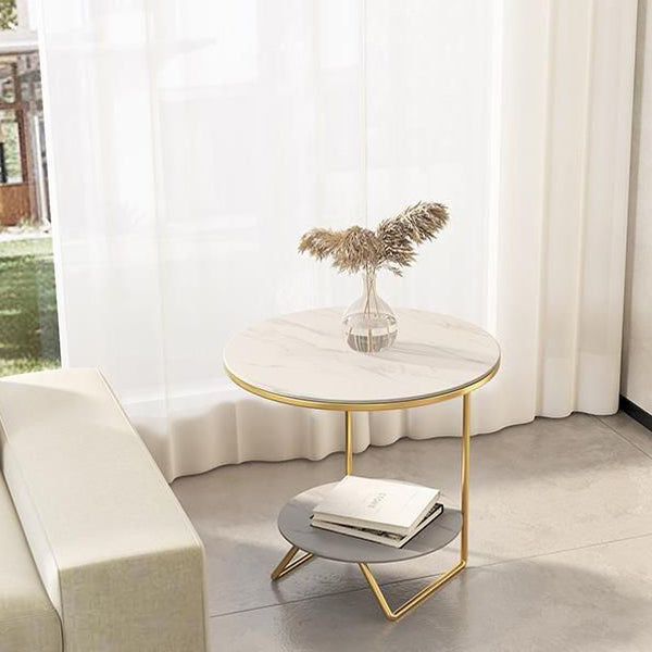 Contemporary Luxury Sintered Stone Round Top Metal Side Table 2-Tier For Living Room