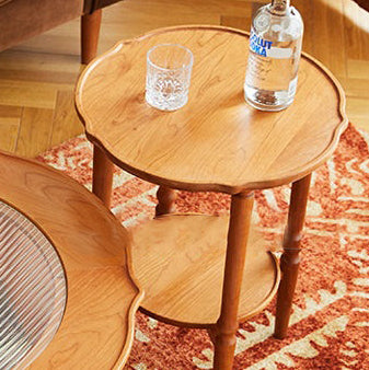 Traditional Japanese Solid Wood Round Top End Table 2-Tier Storage Shelves For Living Room