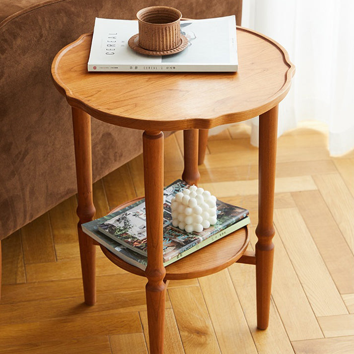 Traditional Japanese Solid Wood Round Top End Table 2-Tier Storage Shelves For Living Room