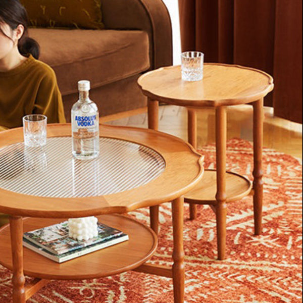 Traditional Japanese Solid Wood Round Top End Table 2-Tier Storage Shelves For Living Room