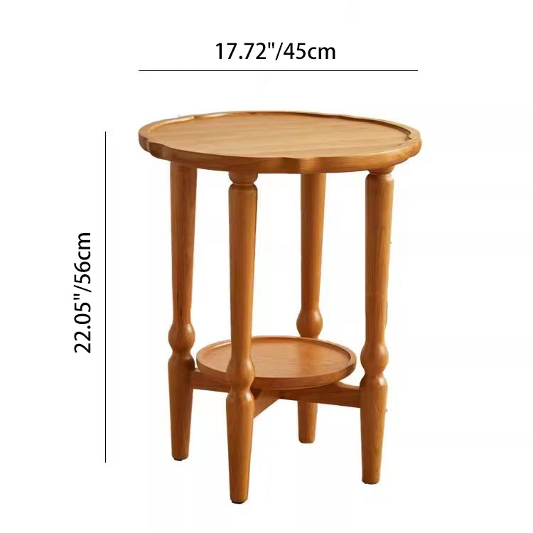 Traditional Japanese Solid Wood Round Top End Table 2-Tier Storage Shelves For Living Room