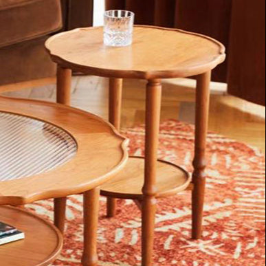 Traditional Japanese Solid Wood Round Top End Table 2-Tier Storage Shelves For Living Room