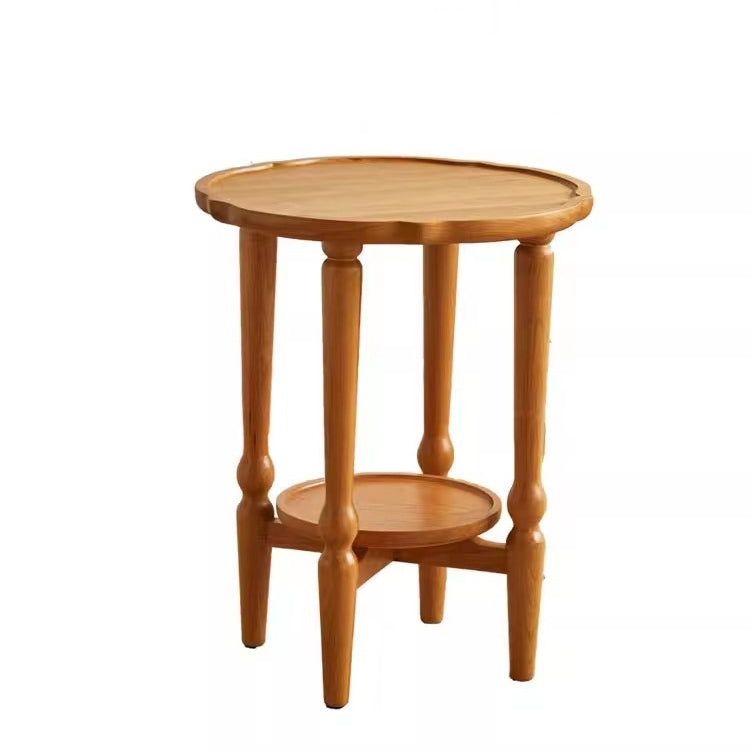 Traditional Japanese Solid Wood Round Top End Table 2-Tier Storage Shelves For Living Room