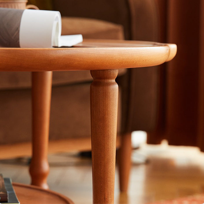 Traditional Japanese Solid Wood Round Top End Table 2-Tier Storage Shelves For Living Room