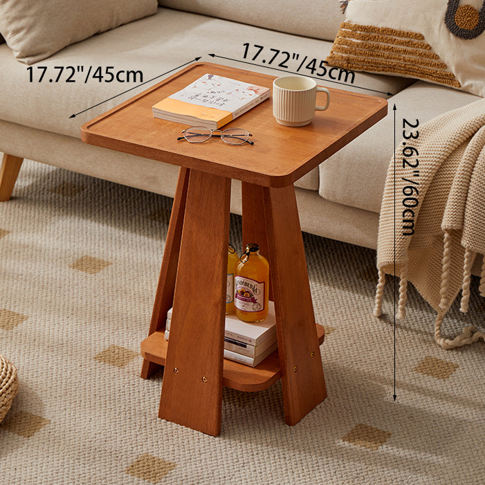 Traditional Japanese Geometric Square Wood Grain Tray Top Coffee Table 2-Tier For Living Room