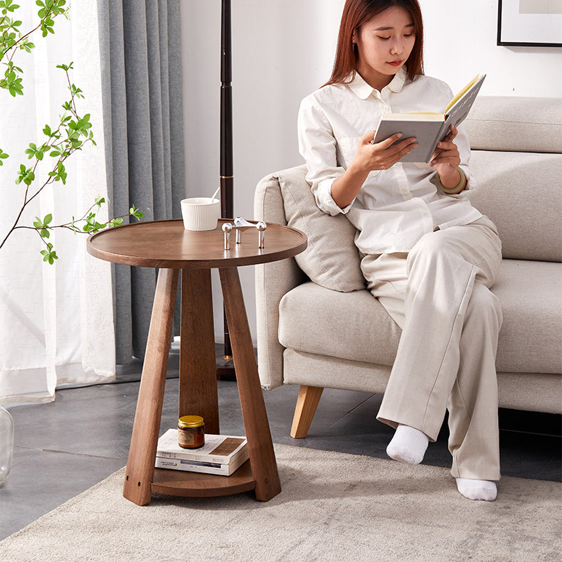 Traditional Japanese Geometric Square Wood Grain Tray Top Coffee Table 2-Tier For Living Room