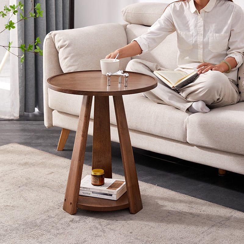 Traditional Japanese Geometric Square Wood Grain Tray Top Coffee Table 2-Tier For Living Room