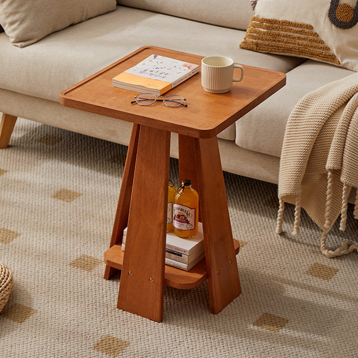 Traditional Japanese Geometric Square Wood Grain Tray Top Coffee Table 2-Tier For Living Room