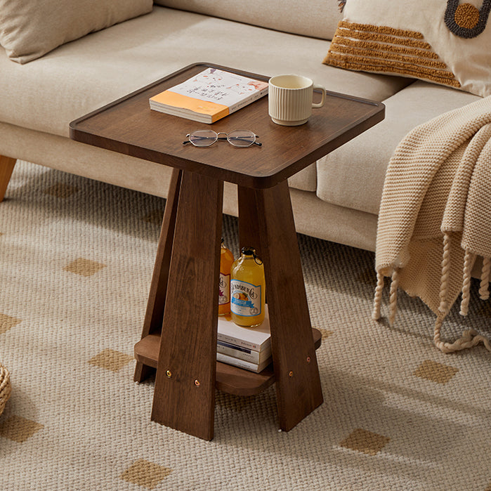 Traditional Japanese Geometric Square Wood Grain Tray Top Coffee Table 2-Tier For Living Room