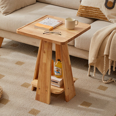Traditional Japanese Geometric Square Wood Grain Tray Top Coffee Table 2-Tier For Living Room