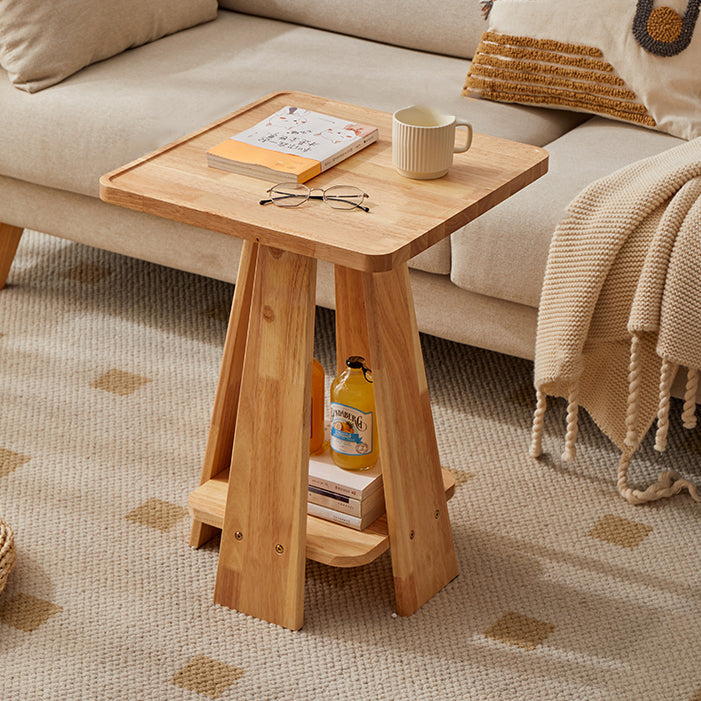 Traditional Japanese Geometric Square Wood Grain Tray Top Coffee Table 2-Tier For Living Room