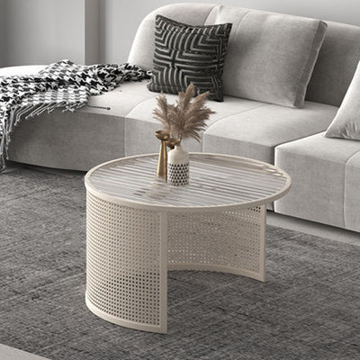 Contemporary Luxury Striped Glass Round Top Metal Frame Coffee Table For Living Room