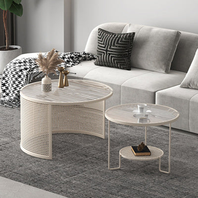 Contemporary Luxury Striped Glass Round Top Metal Frame Coffee Table For Living Room