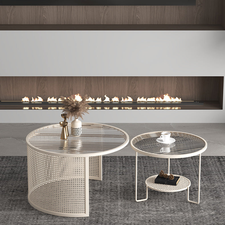 Contemporary Luxury Striped Glass Round Top Metal Frame Coffee Table For Living Room