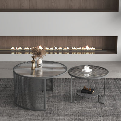 Contemporary Luxury Striped Glass Round Top Metal Frame Coffee Table For Living Room