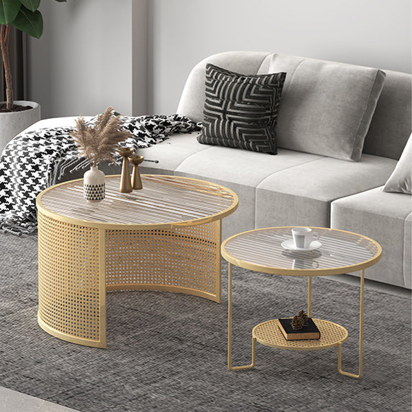 Contemporary Luxury Striped Glass Round Top Metal Frame Coffee Table For Living Room