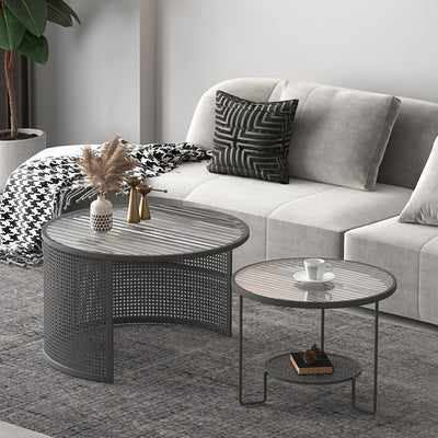 Contemporary Luxury Striped Glass Round Top Metal Frame Coffee Table For Living Room