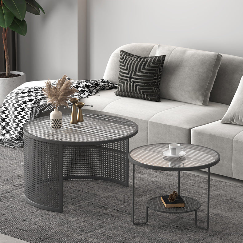 Contemporary Luxury Striped Glass Round Top Metal Frame Coffee Table For Living Room