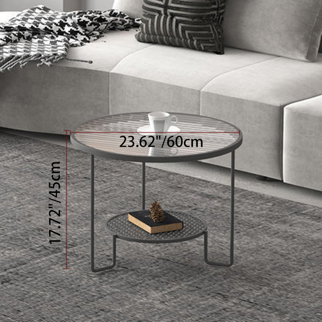 Contemporary Luxury Striped Glass Round Top Metal Frame Coffee Table For Living Room
