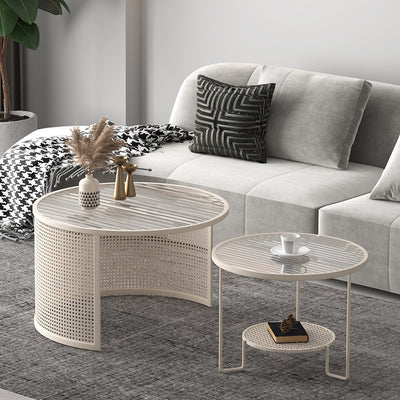 Contemporary Luxury Striped Glass Round Top Metal Frame Coffee Table For Living Room