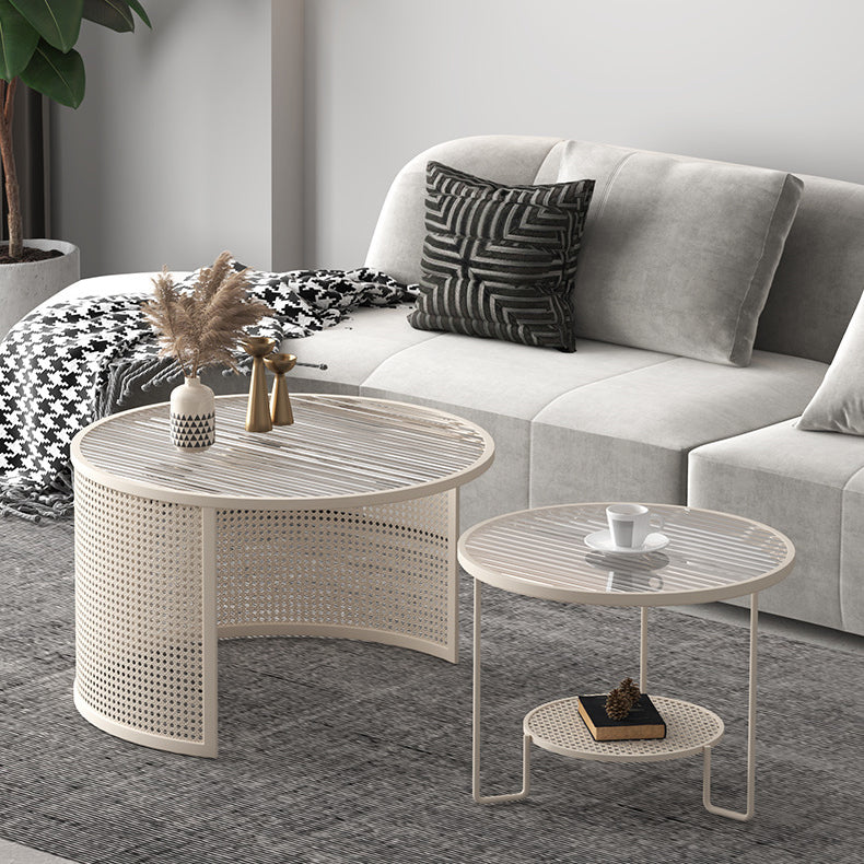 Contemporary Luxury Striped Glass Round Top Metal Frame Coffee Table For Living Room