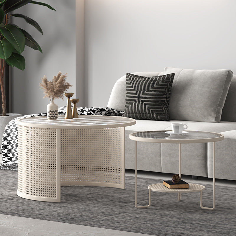 Contemporary Luxury Striped Glass Round Top Metal Frame Coffee Table For Living Room