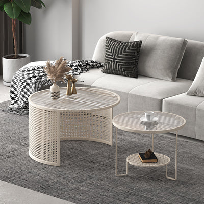 Contemporary Luxury Striped Glass Round Top Metal Frame Coffee Table For Living Room