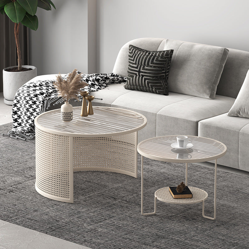 Contemporary Luxury Striped Glass Round Top Metal Frame Coffee Table For Living Room