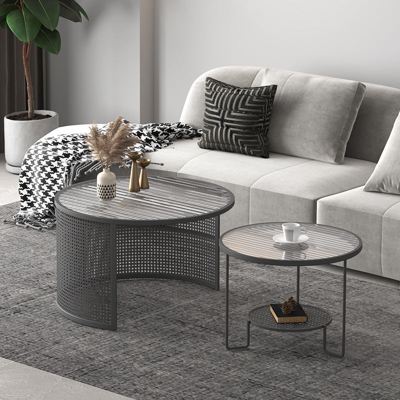 Contemporary Luxury Striped Glass Round Top Metal Frame Coffee Table For Living Room