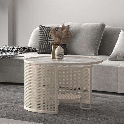 Contemporary Luxury Striped Glass Round Top Metal Frame Coffee Table For Living Room