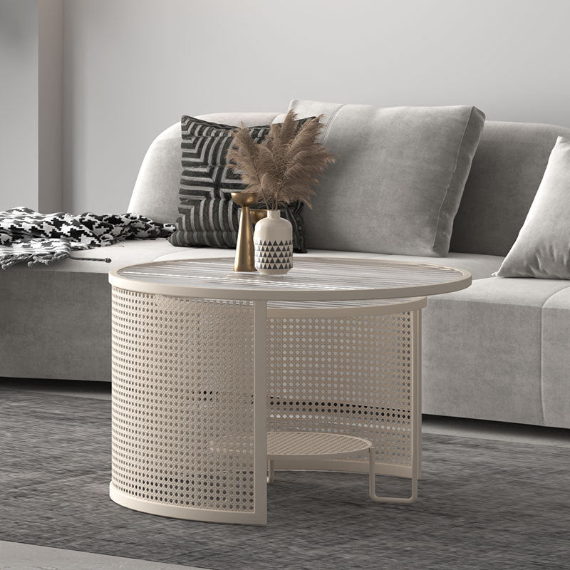 Contemporary Luxury Striped Glass Round Top Metal Frame Coffee Table For Living Room