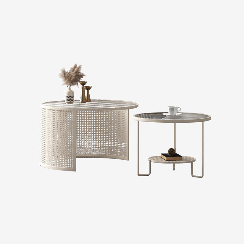 Mesa de centro contemporánea de lujo con tapa redonda de vidrio estriado y estructura de hierro para salón 