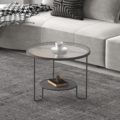 Contemporary Luxury Striped Glass Round Top Metal Frame Coffee Table For Living Room