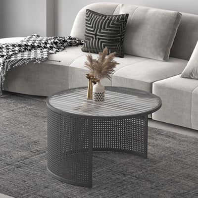 Contemporary Luxury Striped Glass Round Top Metal Frame Coffee Table For Living Room