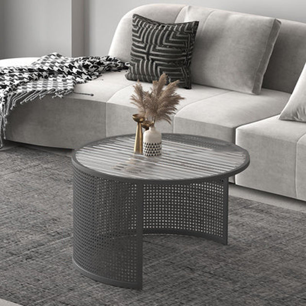 Contemporary Luxury Striped Glass Round Top Metal Frame Coffee Table For Living Room