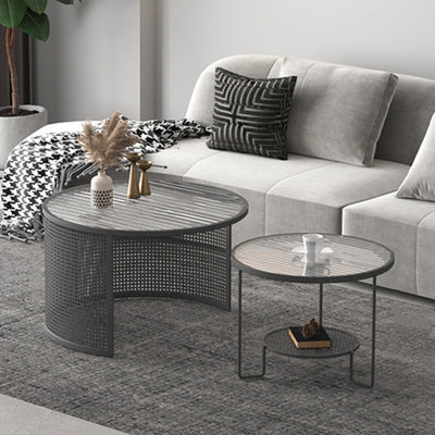 Contemporary Luxury Striped Glass Round Top Metal Frame Coffee Table For Living Room