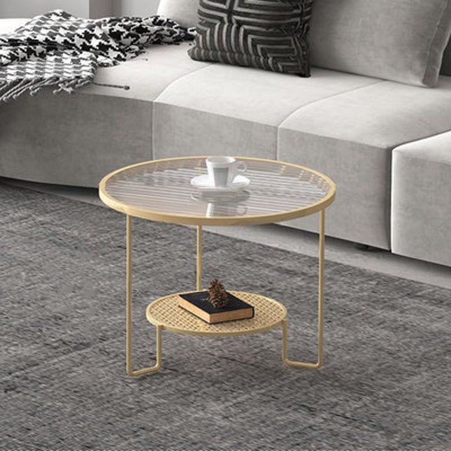 Mesa de centro contemporánea de lujo con tapa redonda de vidrio estriado y estructura de hierro para salón 