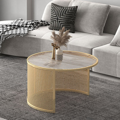 Contemporary Luxury Striped Glass Round Top Metal Frame Coffee Table For Living Room
